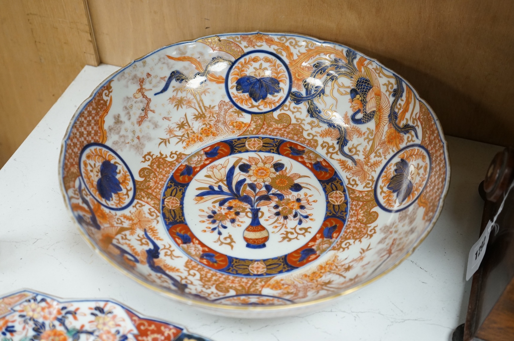 An oval Imari dish moulded with fans and a large Koransha Imari bowl, largest 38cm wide (2)